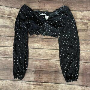 Women’s Blue Jasmine Black White Polka Dot Tie Crop Top Blouse Large NWT